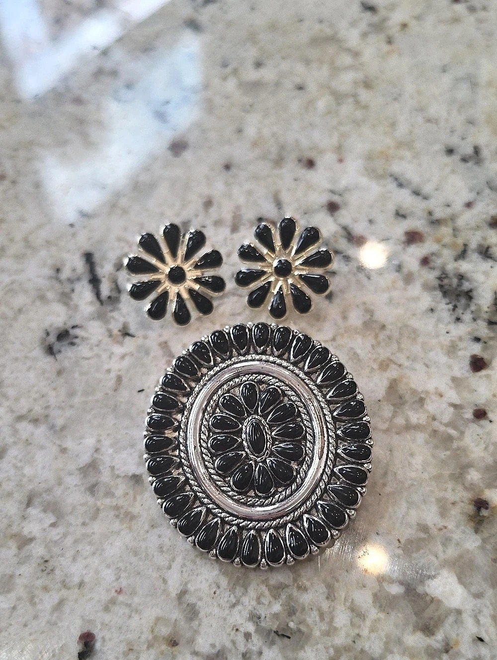 Judith Jack Black & Silver Flower Earrings and Brooch